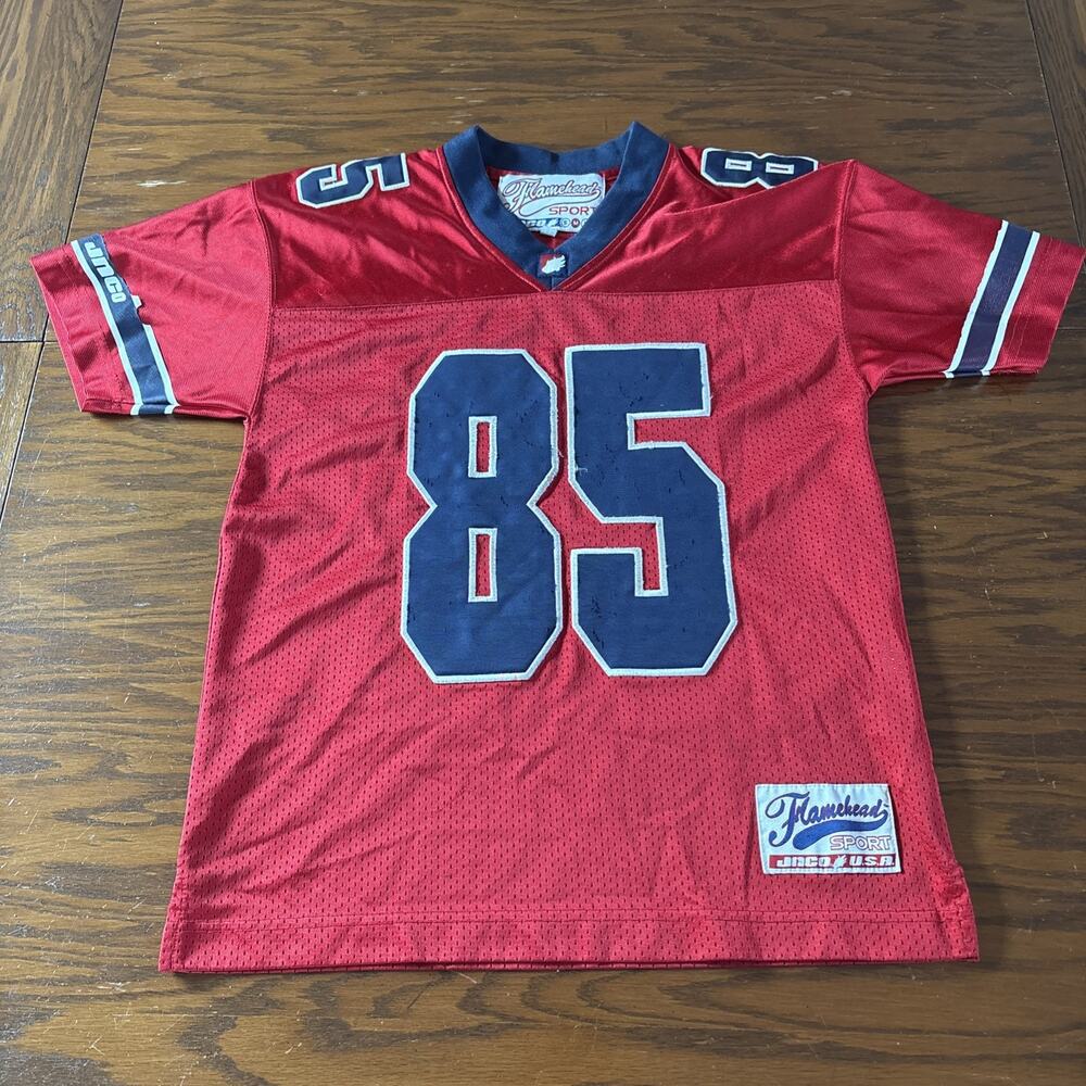 Vintage 90s JNCO Flamehead 85 Football Jersey Size Youth Medium Red Navy